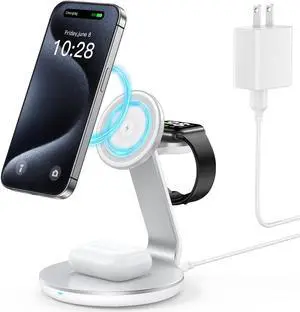 3 in 1 Charging Station Compatible with Magsafe Charger Wireless Charger Stand for iPhone 17 16e 16 15 14 13 12 Wireless Charging Station for AirPods Wireless Charging Stand for iWatch Series