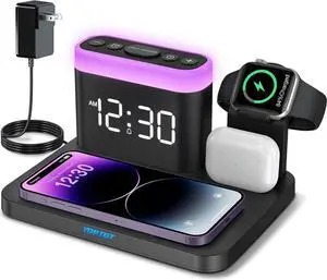 Wireless Charging Station, 5 in 1 Wireless Charger Stand with Alarm Clock, 7 Night Lights, Charging Dock for iPhone15/14/13/12/11/Pro/Max/XR/Samsung Phone, Apple Watch 9/8/7/6/5/SE, AirPods/3/2/1 Wireless Charging Station, 5 in 1 Wireless Charger Stand with Alarm Clock, 7 Night Lights, Charging Dock for iPhone15/14/13/12/11/Pro/Max/XR/Samsung Phone, Apple Watch 9/8/7/6/5/SE, AirPods/3/2/1