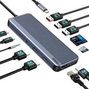 Docking Station 3 Monitor Dual 8K HDMI Adapter,Laptop Docking Station USB C Hub with 2 HDMI+8K DP+10G USB A/C+100W PD+Ethernet+Audio+SD Card Reader for MacBook//HP/Surface Docking Station 3 Monitor Dual 8K HDMI Adapter,Laptop Docking Station USB C Hub with 2 HDMI+8K DP+10G USB A/C+100W PD+Ethernet+Audio+SD Card Reader for MacBook//HP/Surface