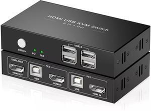 KVM Switch HDMI 1 Monitor 2 Computers with 4K@30Hz Ultra HD Resolution, 2 Port KVM Switches 4 USB 2.0 Hub,KVM Switches Supporting Wireless Keyboard and Mouse, Plug and Play