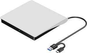 External CD DVD Drive USB 3.0 & USB-C, Portable CD DVD ROM +/-RW Optical Disc Drive Player Reader Writer Burner for Apple Mac MacBook Pro/Air, iMac, Laptop Computer Windows 11/10/8/7, White