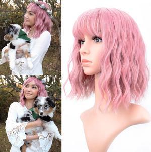 Aochakimg Shoulder Length Short Bob Curly WigHuman Hair Short Pixie Pink Wavy Wigs for Women Lace Front Wigs Human Hair Natural Color