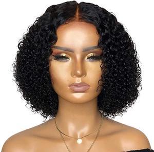 Aochakimg Lace Front Human Hair Wig Middle Part Curly Lace Closure Wig Short Wigs Black