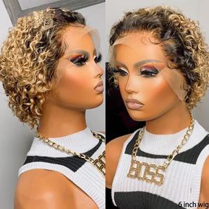 Aochakimg Short Curly Hair WigsHuman Hair Short Pixie Gold Wigs for Women Lace Front Wigs Human Hair Natural Color