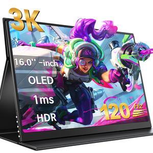 Newsoul OLED Portable Monitor 16" 120Hz 3K 2880x1800 0.1ms Portable Gaming Display 500 Nits Brightness 100000:1 Contrast 100% DCI-P3 Ultra-Slim Travel Monitor for Laptop PC Phone Game Consoles