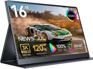 Newsoul OLED Portable Monitor 16", 3K 2880x1800 120Hz 0.1ms Portable Gaming Display 500 Nits Brightness| 100000:1 Contrast| 100% DCI-P3| Ultra-Slim Travel Monitor for Laptop PC Phone Game Consoles