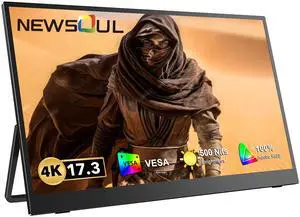 NEWSOUL Portable Monitor 4K, 17.3'' UHD FreeSync 100% Adobe RGB 500 Nits Brightness HDR IPS 2 Speakers Eye Care Game Display Type-C DP HDMI for Xbox PS4 Switch Laptop PC Phone Mac, VESA & Smart Case