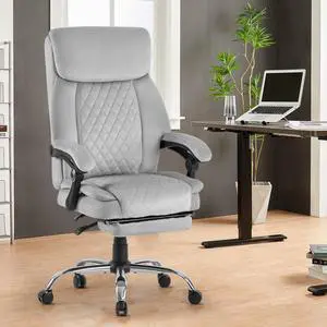 COLERLINE Velvet Ergonomic Office Chair, Linkage Arms Wide Managerial Executive Home Desk Computer Chair Big and Tall with High Back Lumbar Support Wheels Comfortable Grey High Back+Footrest