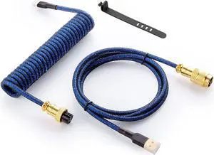 GUNMJO Starlight Coiled USB C Keyboard Cable for Gaming Keyboard, Double-Sleeved Mechanical Keyboard Cable with Detachable Metal Aviator, 1.5M USB-C to USB-A, Blue Color with Gold Aviator Connector