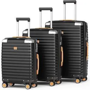JOYWAY-3-piece hard shell luggage set, 20 inch, 24 inch, 28 inch luggage, carry on luggage set, with swivel wheels, travel luggage set 20/24/28in Black