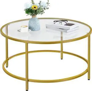 Yaheetech Gold Glass Coffee Table for Living Room, 36" Round Glass Coffee Table with Metal Frame, Modern Circle Coffee Table for Home, Office, Apartment
