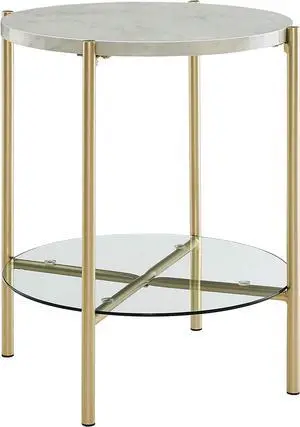 Walker Edison Blaine Mid Century Modern Marble and Glass Round Accent Table , 20 Inch, Marble and Gold