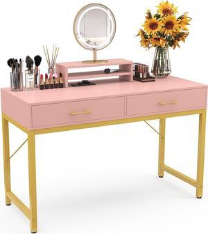 WESTREE Women Makeup Vanity Desk with 2 Drawers - Bedroom Home Office Desk, Wooden Height Monitor Stand & Storage Shelf Without Mirror, Pink Table Great Gift for Her