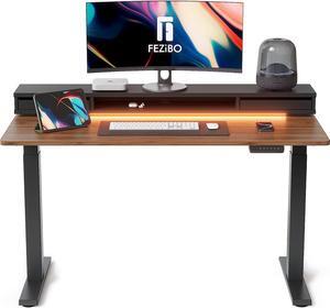 FEZIBO 55 × 26 Inch Electric Standing Desk with Monitor Stand, Height Adjustable Table with LED Strips, Ergonomic Home Office Furniture with 2 Drawers Storage Gaming Workstation, Black Walnut Top
