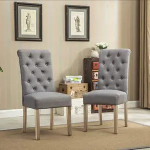 Roundhill Furniture Habit Grey Solid Wood Tufted Parsons Dining Chair (Set of 2), Gray, Welcome to consult