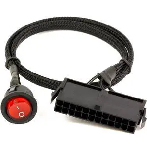 24 Pin ATX Red LED Power On/Off Switch Jumper Bridge Adapter Braided Cable Black Sleeved 22" Turn On/Off Your 24 Pin/20 Pin ATX Power Supply with Braided Sleeves