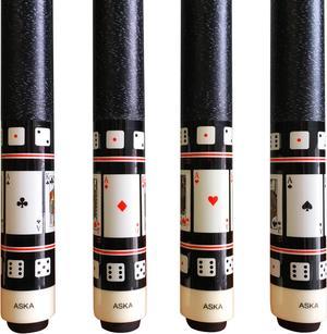 Set of 4 Aska Cards and Dice Billiard Pool Cues, 58" Hard Rock Canadian Maple, 13mm Hard Tip, Mixed Weights, CDS4