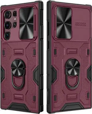 VEGO for Galaxy S22 Ultra Kickstand Case with Slide Camera Cover, Built-in 360° Rotate Ring Stand Magnetic Car Mount Cover Case for Samsung Galaxy S22 Ultra 6.8 inch 2022 Released - Burgundy