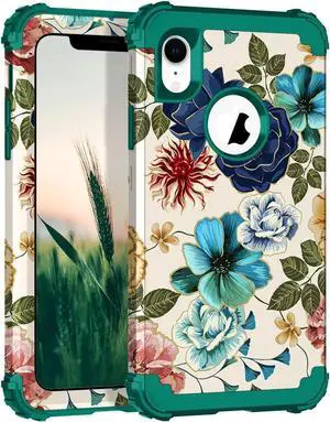 Hocase for iPhone XR Case, Heavy Duty Shockproof Protection Soft Silicone Rubber+Hard Plastic Bumper Hybrid Dual Layer Protective Case for iPhone XR (6.1-inch Display) 2018 - Teal Flowers