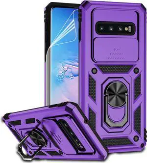 for Samsung Galaxy S10 Plus Case with Camera Lens Cover HD Screen Protector, Military-Grade Drop Tested Magnetic Ring Holder Kickstand Protective Phone Case for Samsung Galaxy S10+ Plus (Purple)