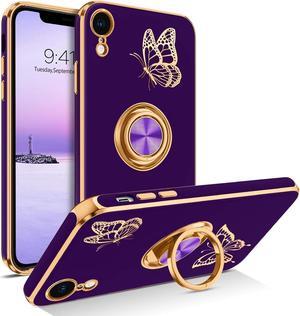 BENTOBEN iPhone XR Case, Phone Case iPhone XR 6.1, Slim Fit Gold Butterfly Design Kickstand Ring Holder Shockproof Protection Soft TPU Bumper Drop Protective Girl Women Boy iPhoneXR Cover, Deep Purple