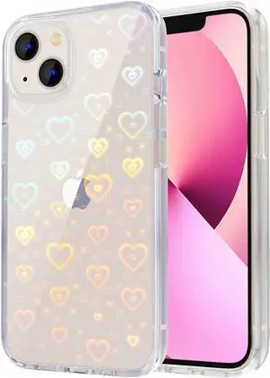Tksafy Compatible iPhone 13 Case, Clear Cute Glitter Laser Holographic Love Heart Pattern Design for Women Girls, Anti-Yellow Hard PC Shockproof Protective Phone Cover for iPhone 13, Rainbow Heart