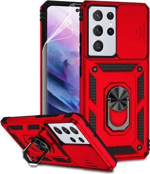 for Samsung Galaxy S21 Ultra Case with Camera Lens Cover HD Screen Protector, Military-Grade Drop Tested Magnetic Ring Holder Kickstand Protective Phone Case for Samsung Galaxy S21 Ultra 5G (Red)