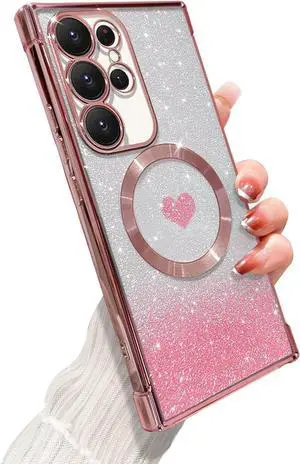 for Samsung Galaxy S22 Ultra Case Magnetic,for Women Girl Soft Luxury Plating Bling Gradient Glitter Cute Heart Cover Compatible with MagSafe Clear Shockproof Protective Phone Case 6.8-Pink