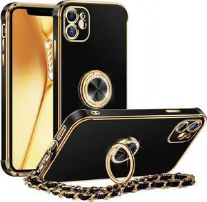 Miss Arts for iPhone 11 Case, Ring Holder Stand Luxury Bling Electroplated Phone Case with Strap, Cute Soft TPU for iPhone 11 Cover for Women Girls, Black