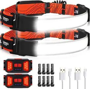 LED Headlamp Flashlight 1000LM 230°Wide-Beam USB Rechargeable Head Light with Taillight(Individual Control) & 8 Clips Waterproof Headlight Headlamps for Running and Camping(2 Pack)