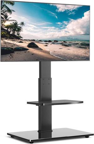 Rfiver Universal Swivel Floor TV Stand with Sturdy Wood Base for 40-77 Inch LCD LED Flat/Curved Screen TVs, Height Adjustable Standing TV Mount with Flexible Shelf and Cable Management, Black
