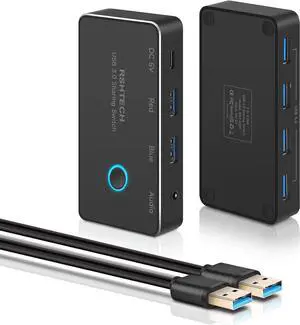 USB 3.0 Switch RSHTECH Aluminum USB Switch Selector with 4 USB 3.0 Ports, 3.5mm Audio Jack, 2 Computers Sharing 5 Peripheral Devices, USB KM Switcher hub with 2 USB Cable for Keyboard, Mouse, Printer