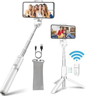 Selfie Stick Tripod with Wireless Remote Controller Pouch Extendable Adjustable Stand Mount Light-Weight V-Log Compatible with All Apple iPhone, Samsung Galaxy (White)
