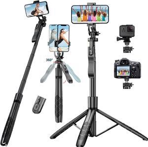 Selfie Stick Phone Tripod with Remote - 60" Extendable Tripod Stand for iPhone Android Camera 360° Rotation Overhead Tripod Phone Holder iPhone Stabilizer for Video Recording Vlog Live Stream