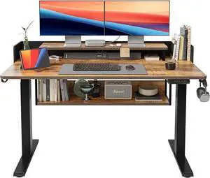 55" Electric Standing Desk with Shelves, 55x24 Inches Sit Stand Rising Computer Desk with Monitor Shelf, Home Office Desks with Hook, Adjustable Height Stand Up Workstation Table, Rustic Brown 55" Electric Standing Desk with Shelves, 55x24 Inches Sit Stand Rising Computer Desk with Monitor Shelf, Home Office Desks with Hook, Adjustable Height Stand Up Workstation Table, Rustic Brown
