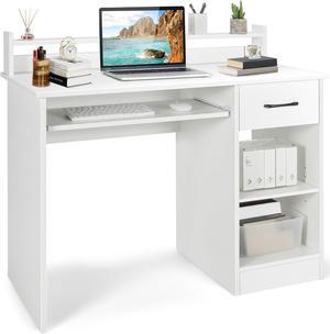 Tangkula White Desk with Drawer & Keyboard Tray, 22 Inch Wide Modern Study Writing Desk with Desktop Hutch & Storage Shelves, Home Office Desk for Teens, Wood PC Laptop Desk, Desk for Bedroom
