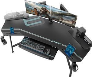EUREKA ERGONOMIC Gaming Desk with Led Lights, 72" Large Wing-Shaped Studio Desk W Keyboard Tray Monitor Stand Dual Headphone Hanger Cup Holder for Live, Streamer