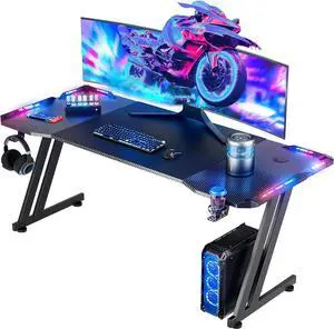 HLDIRECT 63 Inch Gaming Desk with LED Lights Carbon Fibre Surface Gaming Table Large Computer Desk Ergonomic Home Office Desks Z Shaped PC Gamer Workstations with Cup Holder & Headphone Hook Black