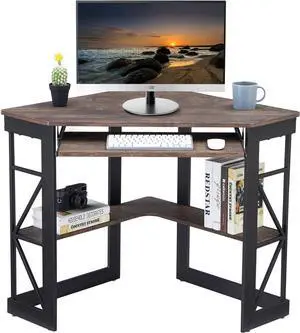 VECELO Corner Computer Desk Writing Smooth Keyboard Tray & Storage Shelves,Compact Home Office Triangle Table, Rustic Natural Brown