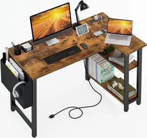 Lufeiya Small L Shaped Desk with Power Outlet Shelves, 40 Inch Corner Desk for Small Space Home Office, L-Shaped Computer Desk PC Desks with Charging Station, Rustic Brown