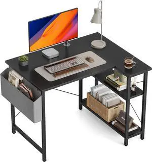 CubiCubi 40 Inch Small L Shaped Computer Desk with Storage Shelves Home Office Corner Desk Study Writing Table, Black