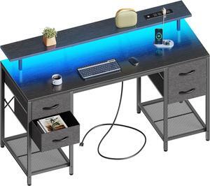 55 inch Computer Desk with 4 Drawers, Gaming Desk with LED Lights & Power Outlets, Home Office Desk with Large Storage Space for Bedroom, Work from Home, Black
