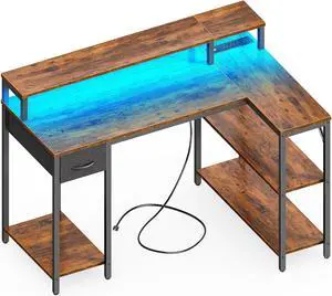 SUPERJARE L Shaped Gaming Desk with LED Lights & Power Outlets, Reversible Computer Desk with Shelves & Drawer, Corner Desk Home Office Desk, Rustic Brown, 7035ZC