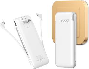 TG90° Power Bank with Built in AC Wall Plug, Ultra Slim 10000mah Portable Charger with Built in Cables External Battery Pack Compatible with iPhone Android Smart Devices