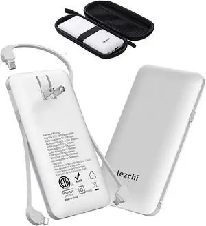 Portable Power Bank, Ultra Slim 10000mAh Portable Charger, USB C External Battery Pack with Built-in AC Plug, Charging Cable, Output Port, Compatible with All Kinds of Cellphones
