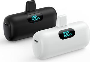 [2 Pack]Mini Portable Charger 5000mAh Ultra-Compact 15W PD Fast Charging Power Bank LCD Display Cute Battery Pack Backup Charger Compatible with iPhone 14/14 Pro Max/13/13 Pro/12/XR/8/7/6-Black+White