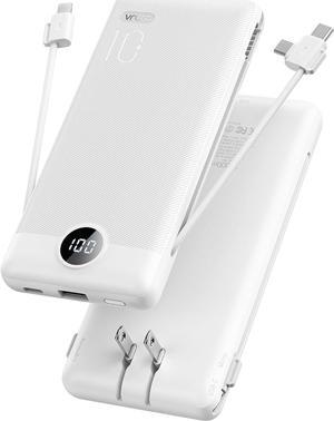 VRURC Portable Charger Built-in Cables and AC Wall Plug, USB C Power Bank 10000mAh, [2023 Upgraded Version] Phone Charger Compact Lightweight External Battery Pack for Smart Phones, Tablets etc-White