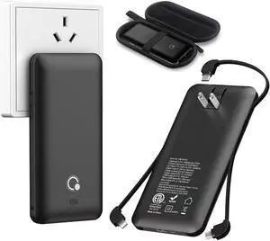 10000mAh Power Bank,Q Slim Portable Charger,4 Output External Battery Pack with Built-in AC Wall Plug Micro USB C Three Cables Compatible with iPhone Android Phone Smart Watch