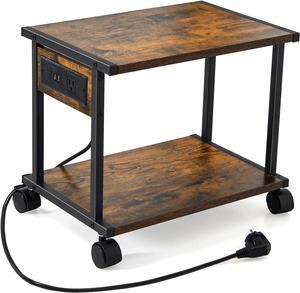 Printer Table with Charging Station for Home Office Organization, 2 Tier Small Printer Stand with Wheels for Printer, Scanner, Under or Beside Desk Printer Storage Cart Rustic Brown