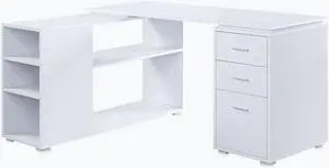 BELLEZE L Shaped Computer Desk, 60 Study Writing Table Home Office Desk Morden Corner Workstation Setup with Adjustable Storage Shelves and 3 Drawers, White